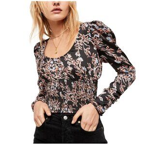 Free People Santiago Black Floral Long Sleeve Blouse Women's Small
